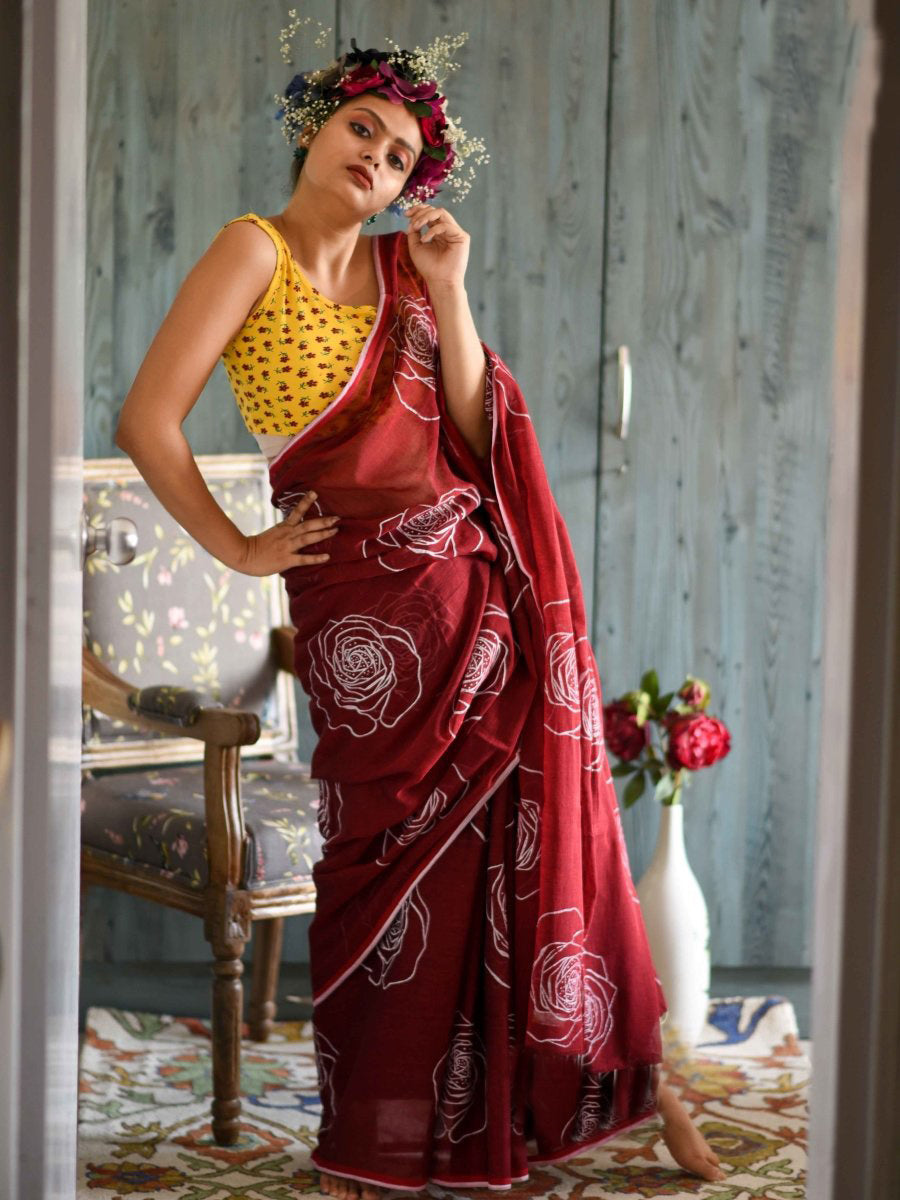 Good Looking Maroon Color Pure Cotton Lilen With Digital Printed Designer Saree