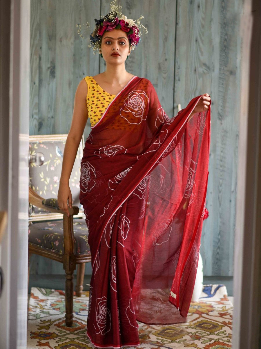 Good Looking Maroon Color Pure Cotton Lilen With Digital Printed Designer Saree