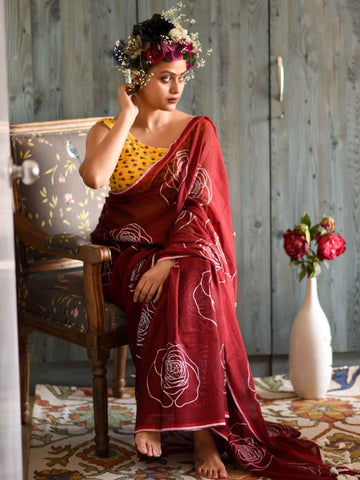 Good Looking Maroon Color Pure Cotton Lilen With Digital Printed Designer Saree