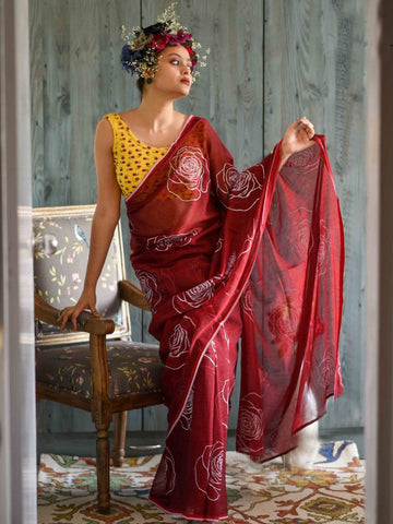 Good Looking Maroon Color Pure Cotton Lilen With Digital Printed Designer Saree