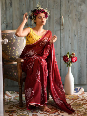 Good Looking Maroon Color Pure Cotton Lilen With Digital Printed Designer Saree