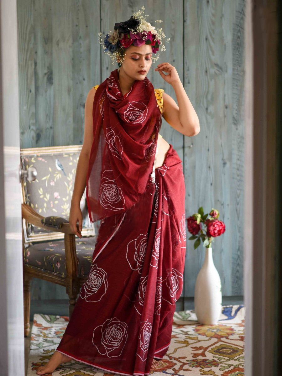 Good Looking Maroon Color Pure Cotton Lilen With Digital Printed Designer Saree