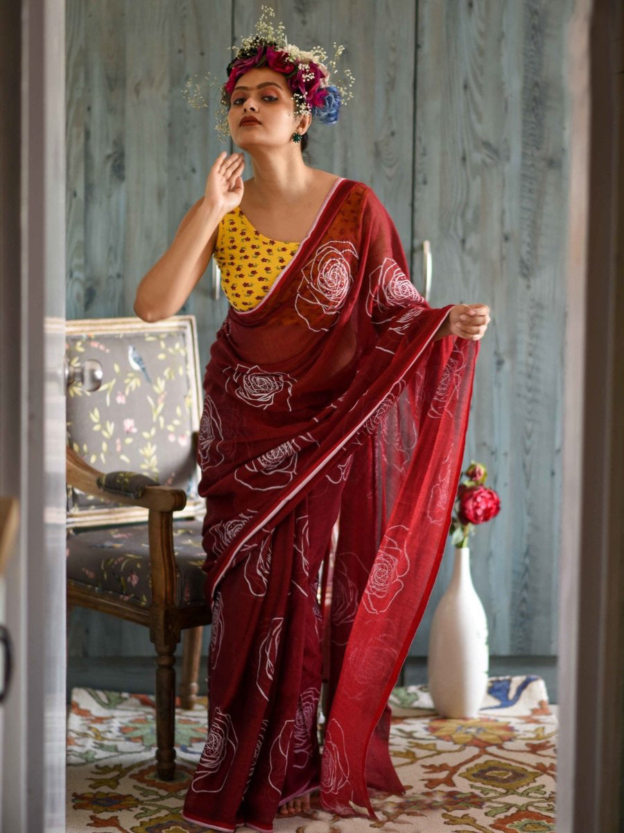 Good Looking Maroon Color Pure Cotton Lilen With Digital Printed Designer Saree