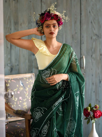 Alluring Green Color Pure Cotton Lilen With Digital Printed Designer Saree