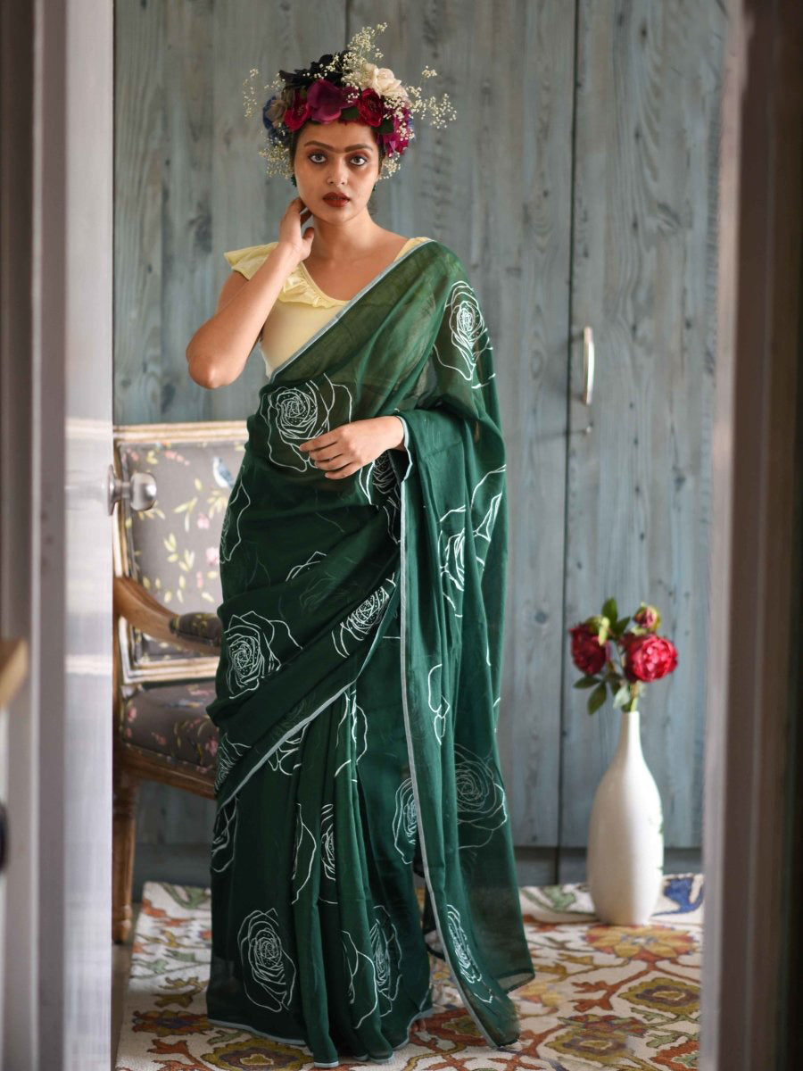 Alluring Green Color Pure Cotton Lilen With Digital Printed Designer Saree