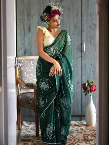 Alluring Green Color Pure Cotton Lilen With Digital Printed Designer Saree