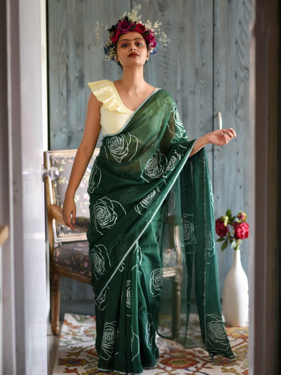 Alluring Green Color Pure Cotton Lilen With Digital Printed Designer Saree