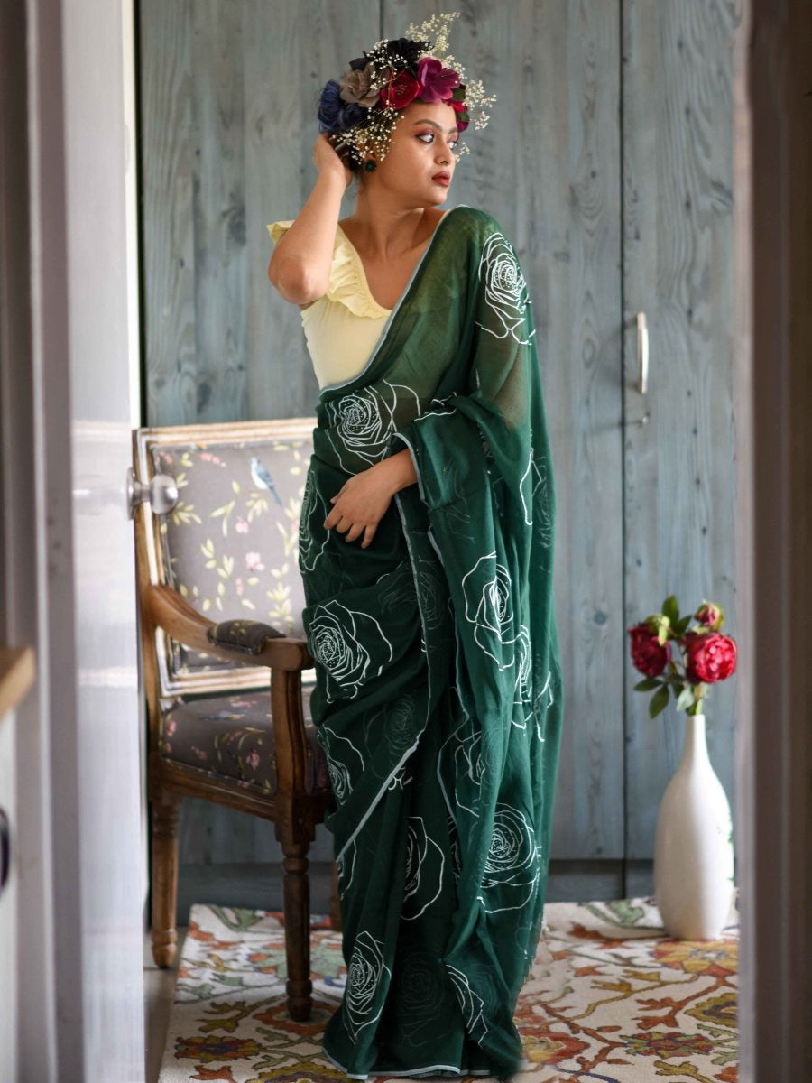 Alluring Green Color Pure Cotton Lilen With Digital Printed Designer Saree