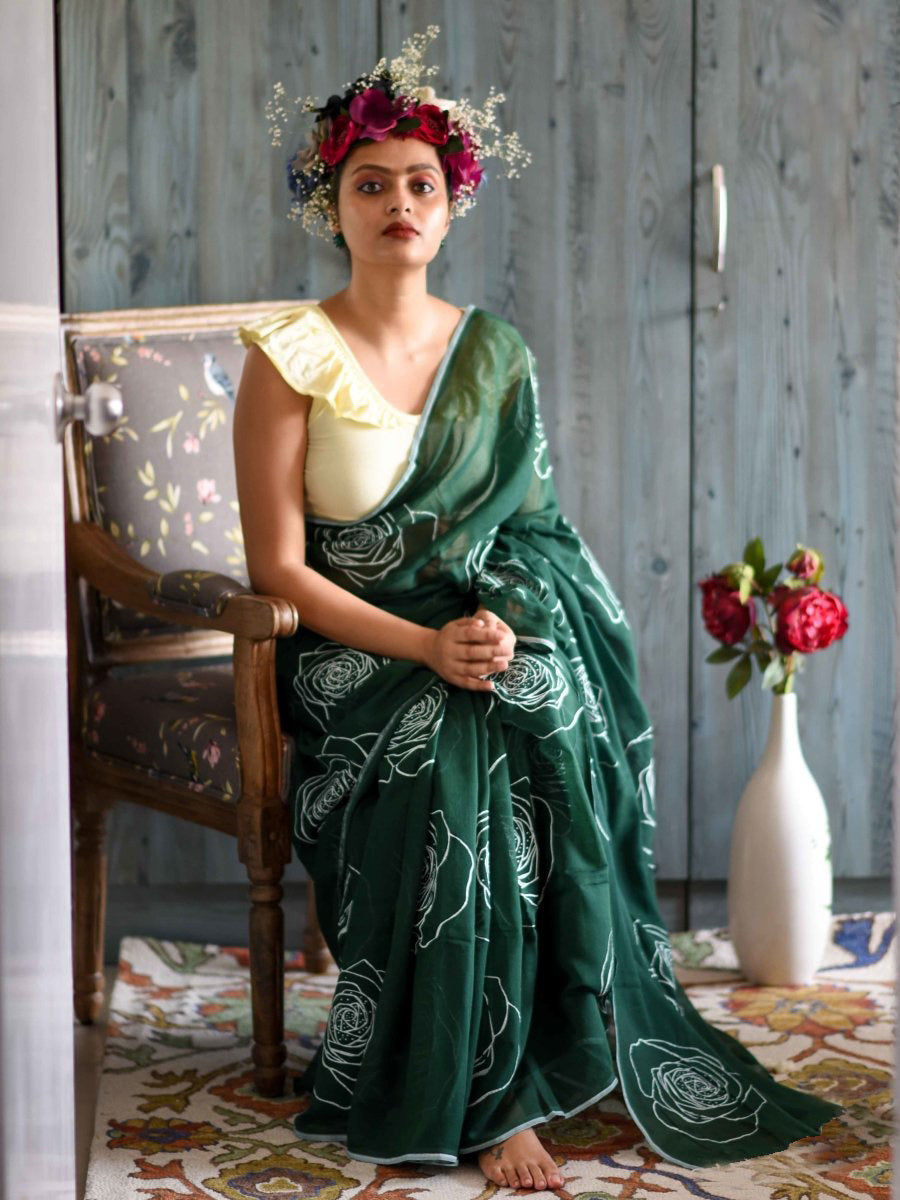 Alluring Green Color Pure Cotton Lilen With Digital Printed Designer Saree