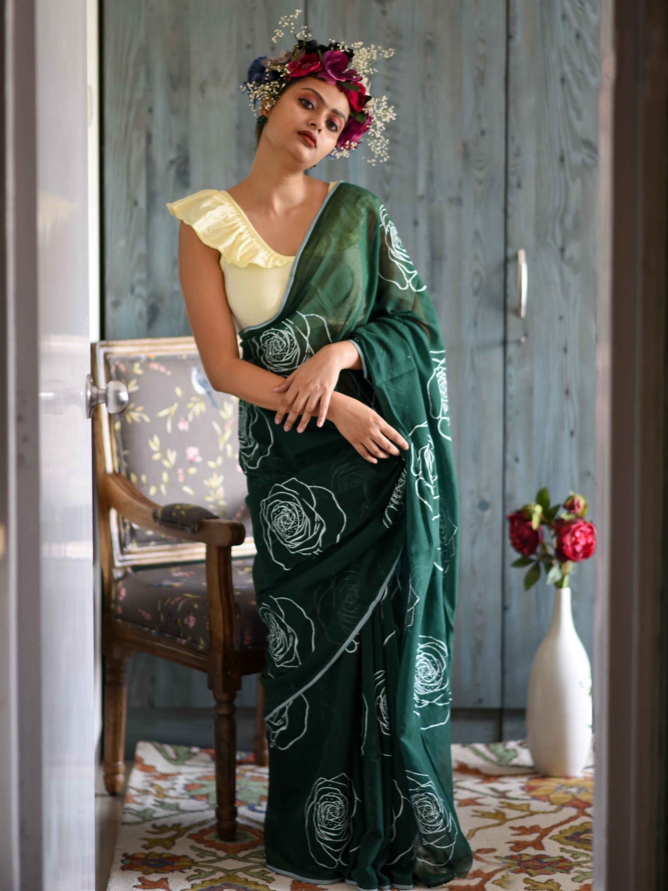 Alluring Green Color Pure Cotton Lilen With Digital Printed Designer Saree