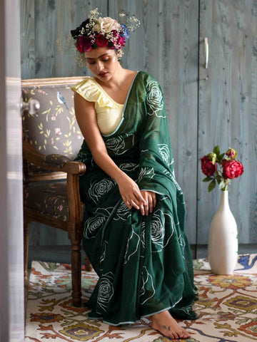 Alluring Green Color Pure Cotton Lilen With Digital Printed Designer Saree