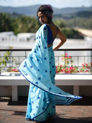 Embellished Sky Blue Color Pure Cotton Lilen With Digital Printed Designer Saree