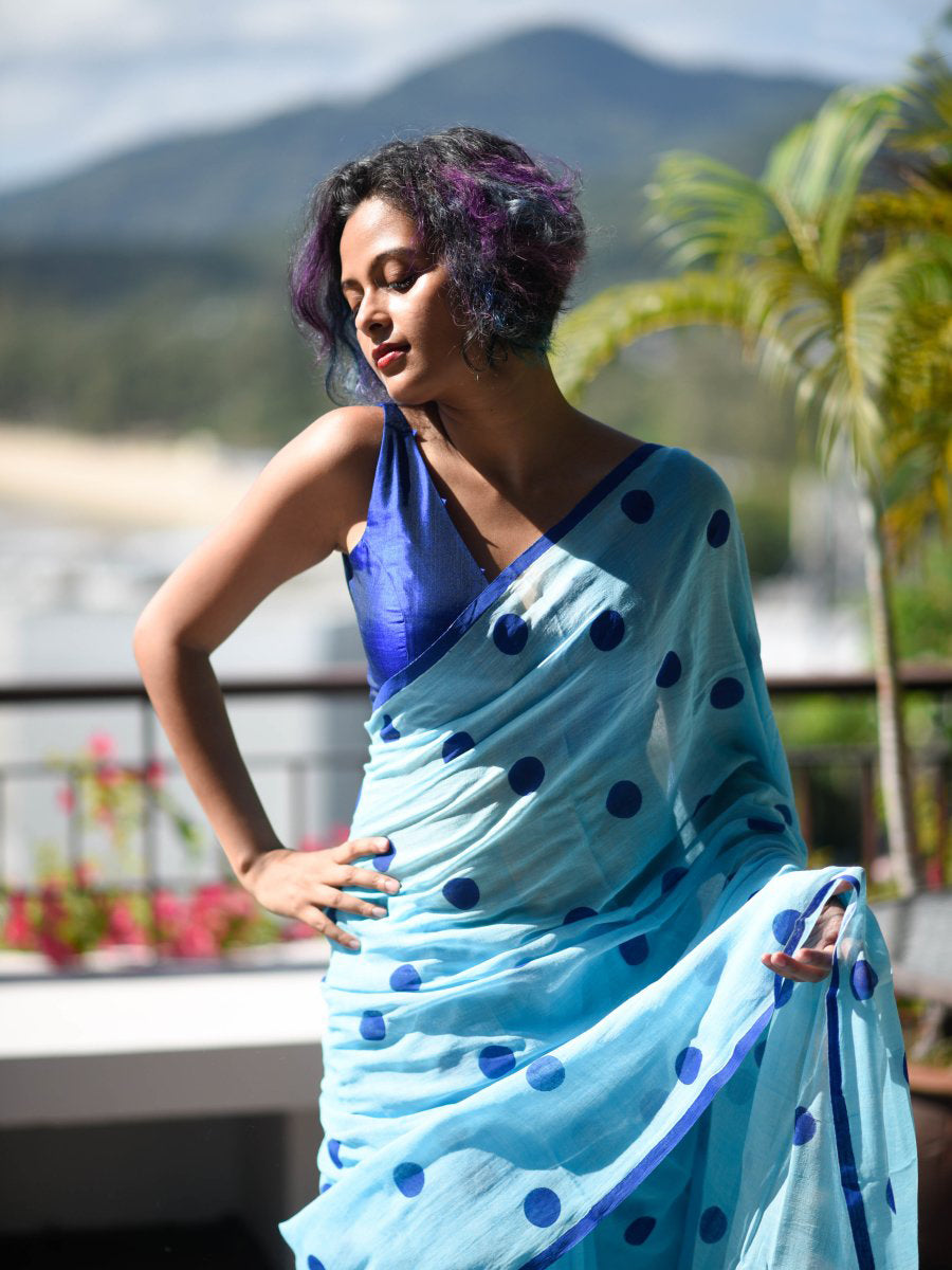 Embellished Sky Blue Color Pure Cotton Lilen With Digital Printed Designer Saree