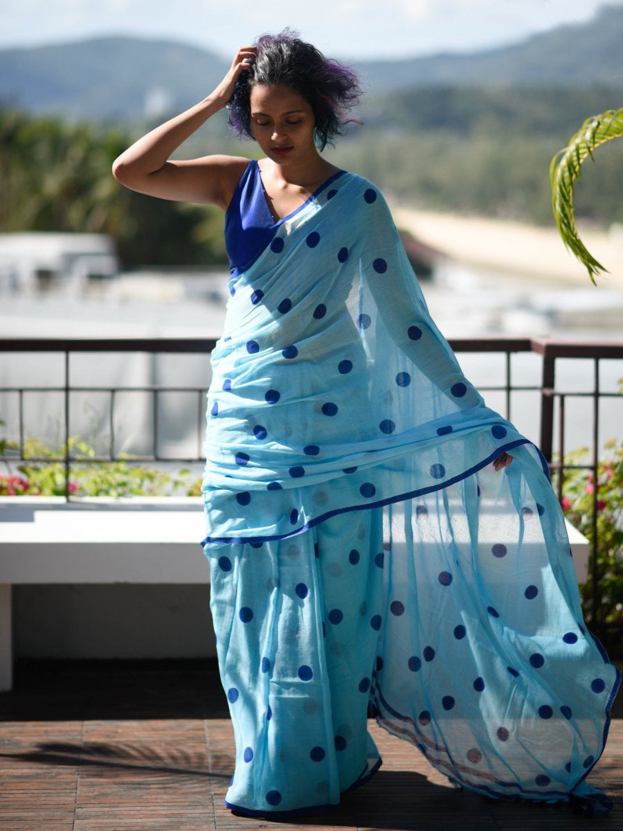 Embellished Sky Blue Color Pure Cotton Lilen With Digital Printed Designer Saree