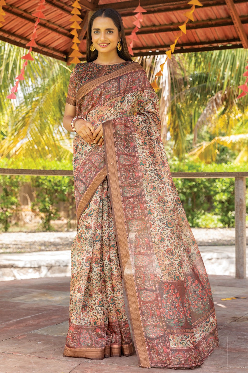 Trendy Brown Color Pure Cotton Lilen With Digital Printed Designer Saree