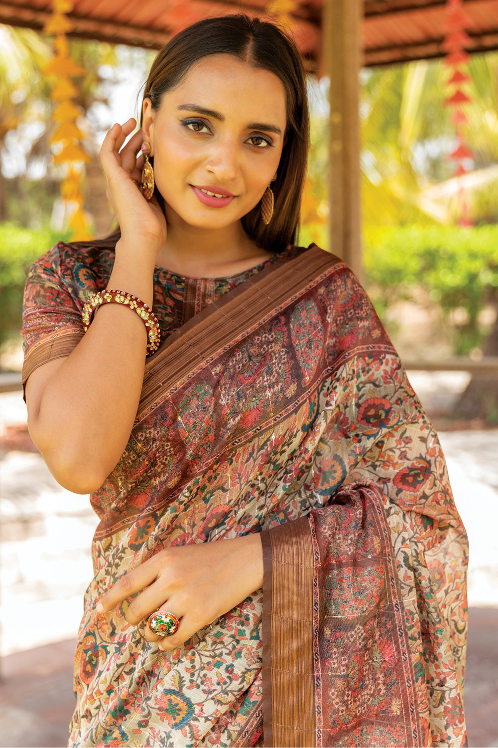 Trendy Brown Color Pure Cotton Lilen With Digital Printed Designer Saree