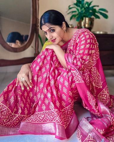 Beautiful Pink Color Pure Cotton Lilen With Digital Printed Designer Saree