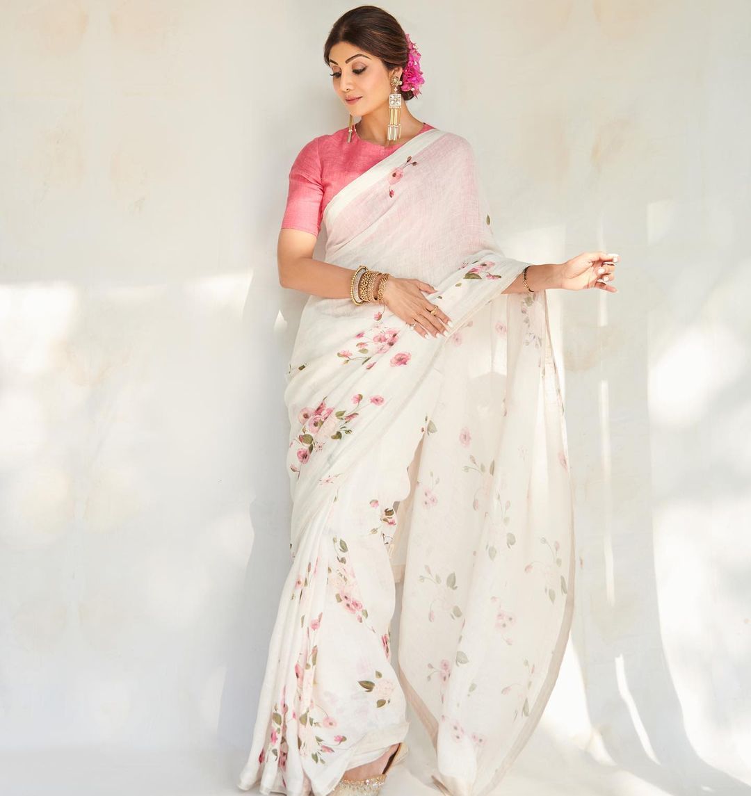 Fancy White Color Pure Cotton Lilen With Digital Printed Designer Saree