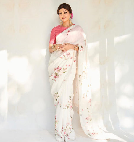 Fancy White Color Pure Cotton Lilen With Digital Printed Designer Saree