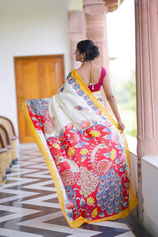 Stunning White Color Color Pure Cotton Lilen With Digital Printed Designer Saree