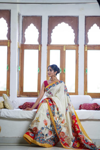 Stunning White Color Color Pure Cotton Lilen With Digital Printed Designer Saree