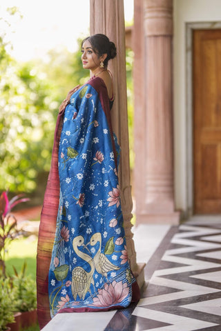 Classic Blue Color Color Pure Cotton Lilen With Digital Printed Designer Saree