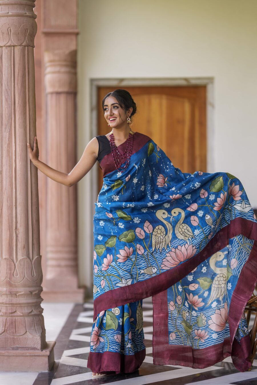 Classic Blue Color Color Pure Cotton Lilen With Digital Printed Designer Saree