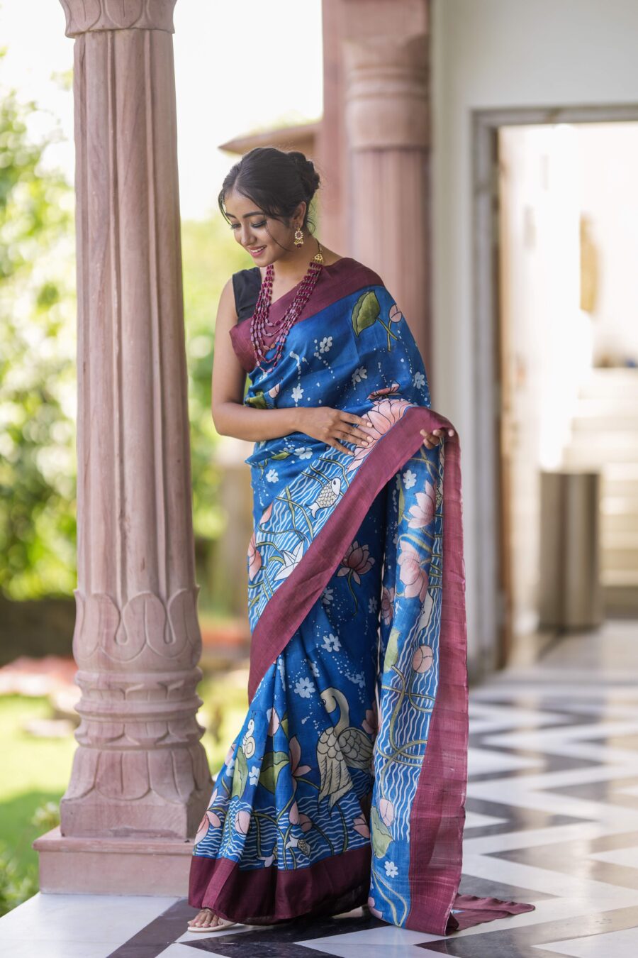 Classic Blue Color Color Pure Cotton Lilen With Digital Printed Designer Saree