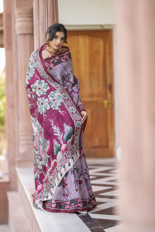 Precious Lavender Color Color Pure Cotton Lilen With Digital Printed Designer Saree
