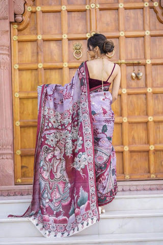 Precious Lavender Color Color Pure Cotton Lilen With Digital Printed Designer Saree