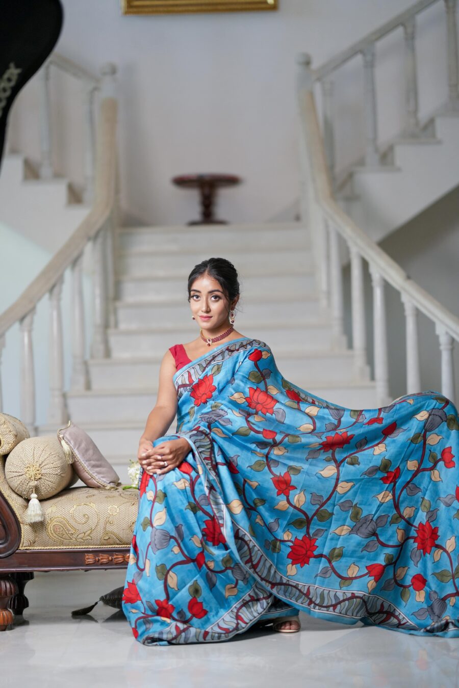 Delightful Sky Blue Color Color Pure Cotton Lilen With Digital Printed Designer Saree