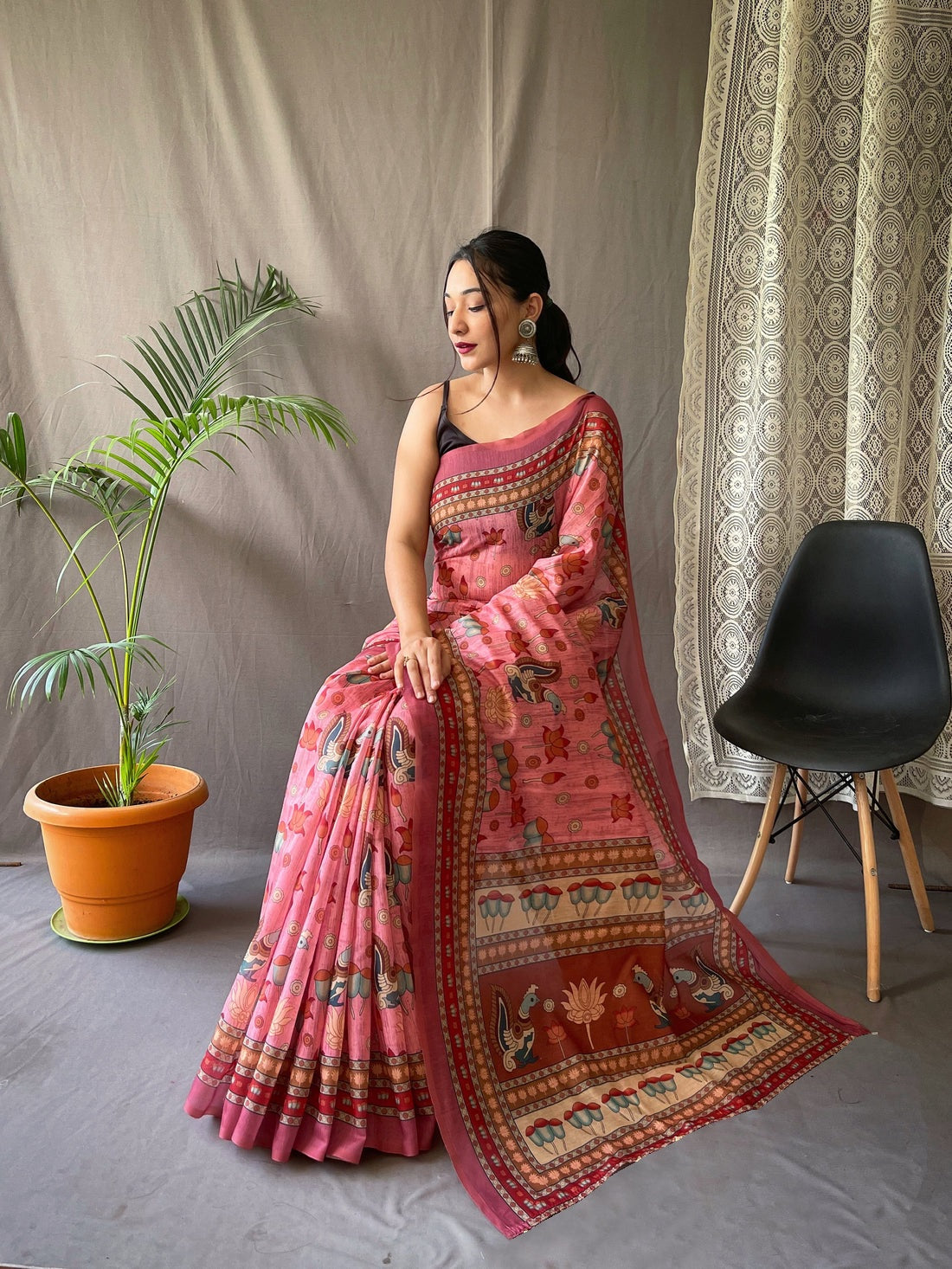 Glorious Pink Color Color Pure Cotton Lilen With Digital Printed Designer Saree