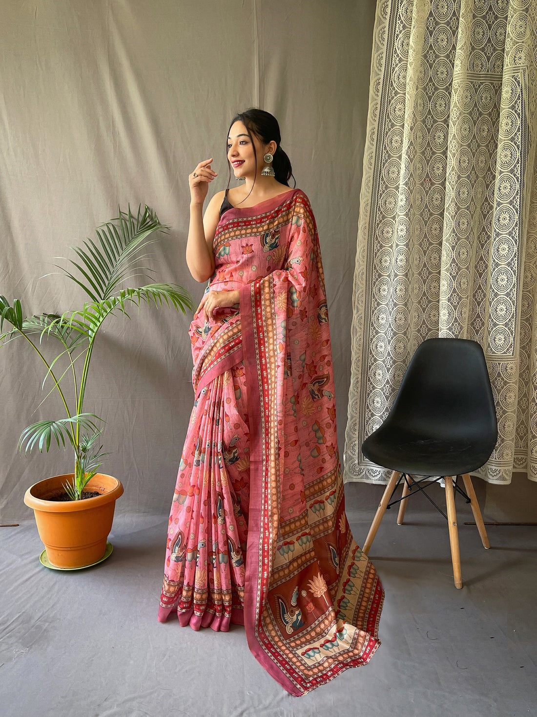 Glorious Pink Color Color Pure Cotton Lilen With Digital Printed Designer Saree