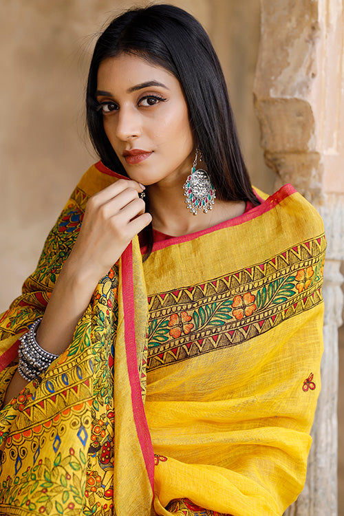 Awesome Yellow Color Color Pure Cotton Lilen With Digital Printed Designer Saree