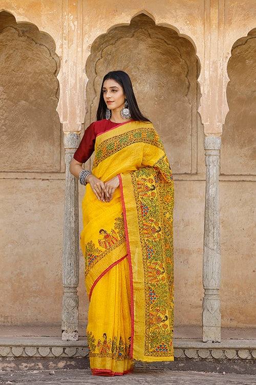 Awesome Yellow Color Color Pure Cotton Lilen With Digital Printed Designer Saree