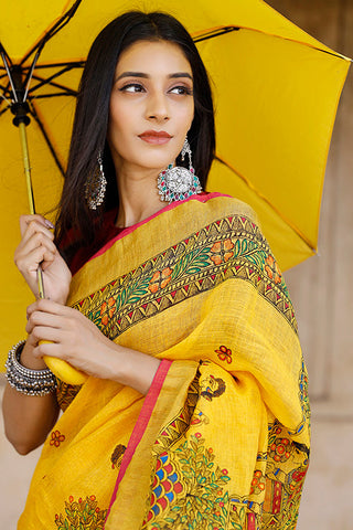 Awesome Yellow Color Color Pure Cotton Lilen With Digital Printed Designer Saree