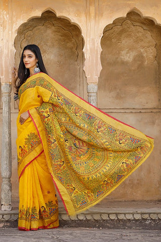 Awesome Yellow Color Color Pure Cotton Lilen With Digital Printed Designer Saree