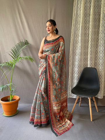 Demanding Grey Color Color Pure Cotton Lilen With Digital Printed Designer Saree