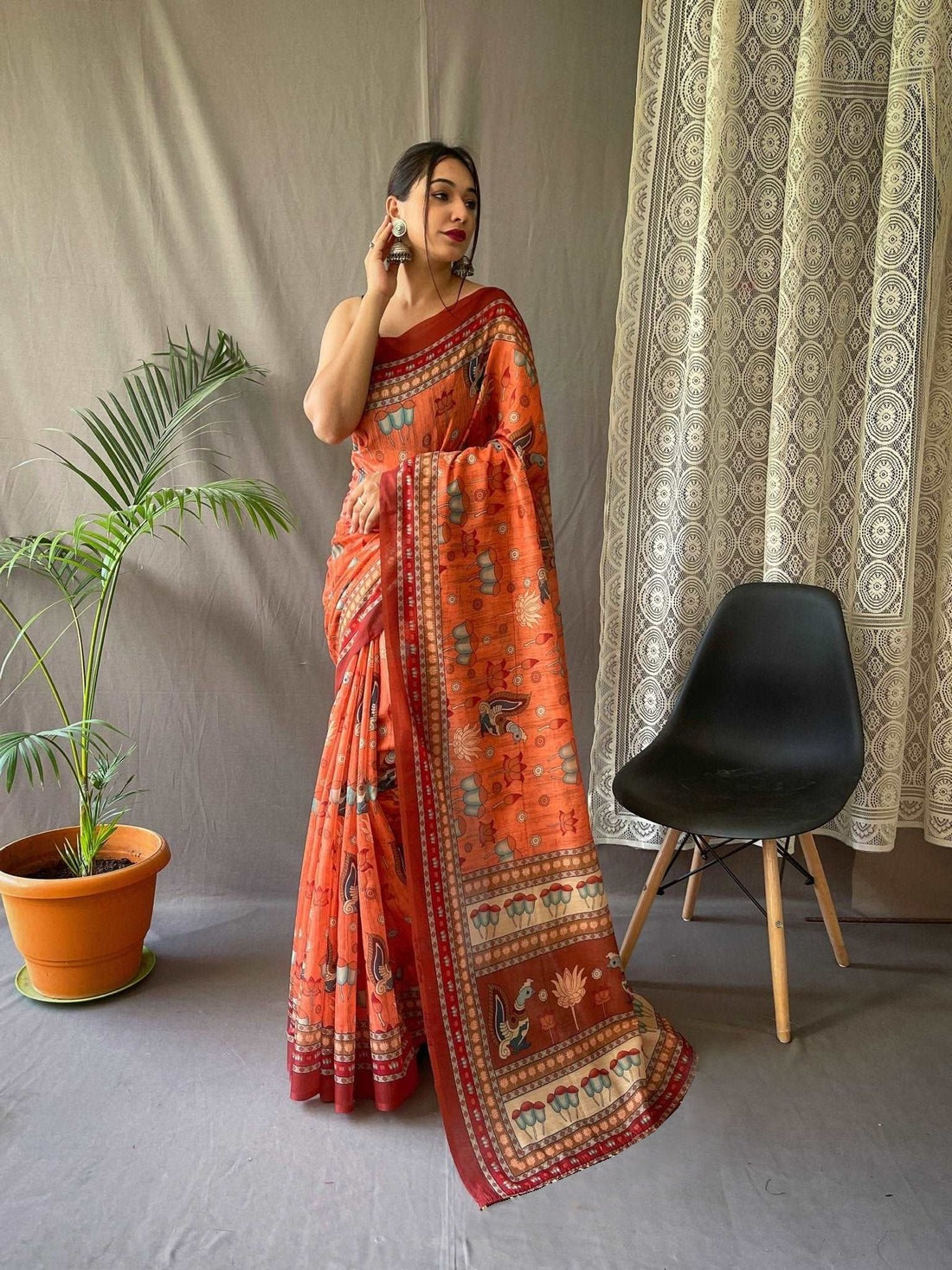 Captivating Orange Color Color Pure Cotton Lilen With Digital Printed Designer Saree