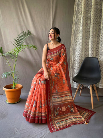 Captivating Orange Color Color Pure Cotton Lilen With Digital Printed Designer Saree