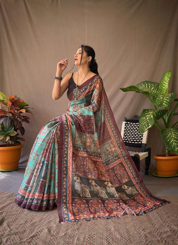 Luxury Multi Color Color Pure Cotton Lilen With Digital Printed Designer Saree