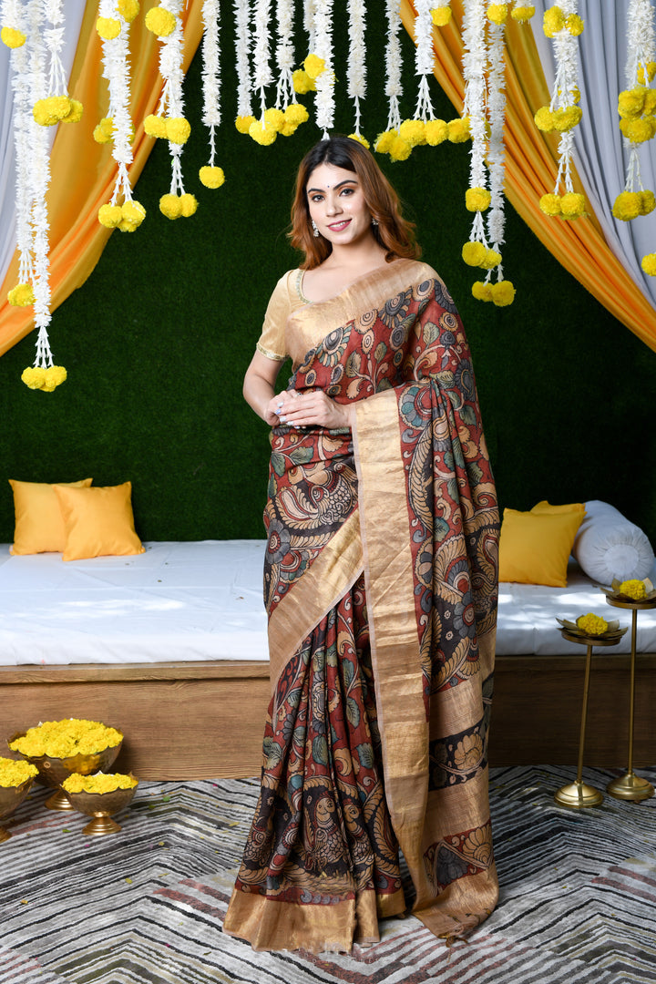 Dazzling Maroon Color Color Pure Cotton Lilen With Digital Printed Designer Saree