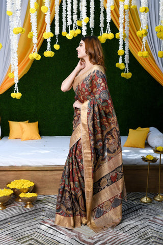 Dazzling Maroon Color Color Pure Cotton Lilen With Digital Printed Designer Saree