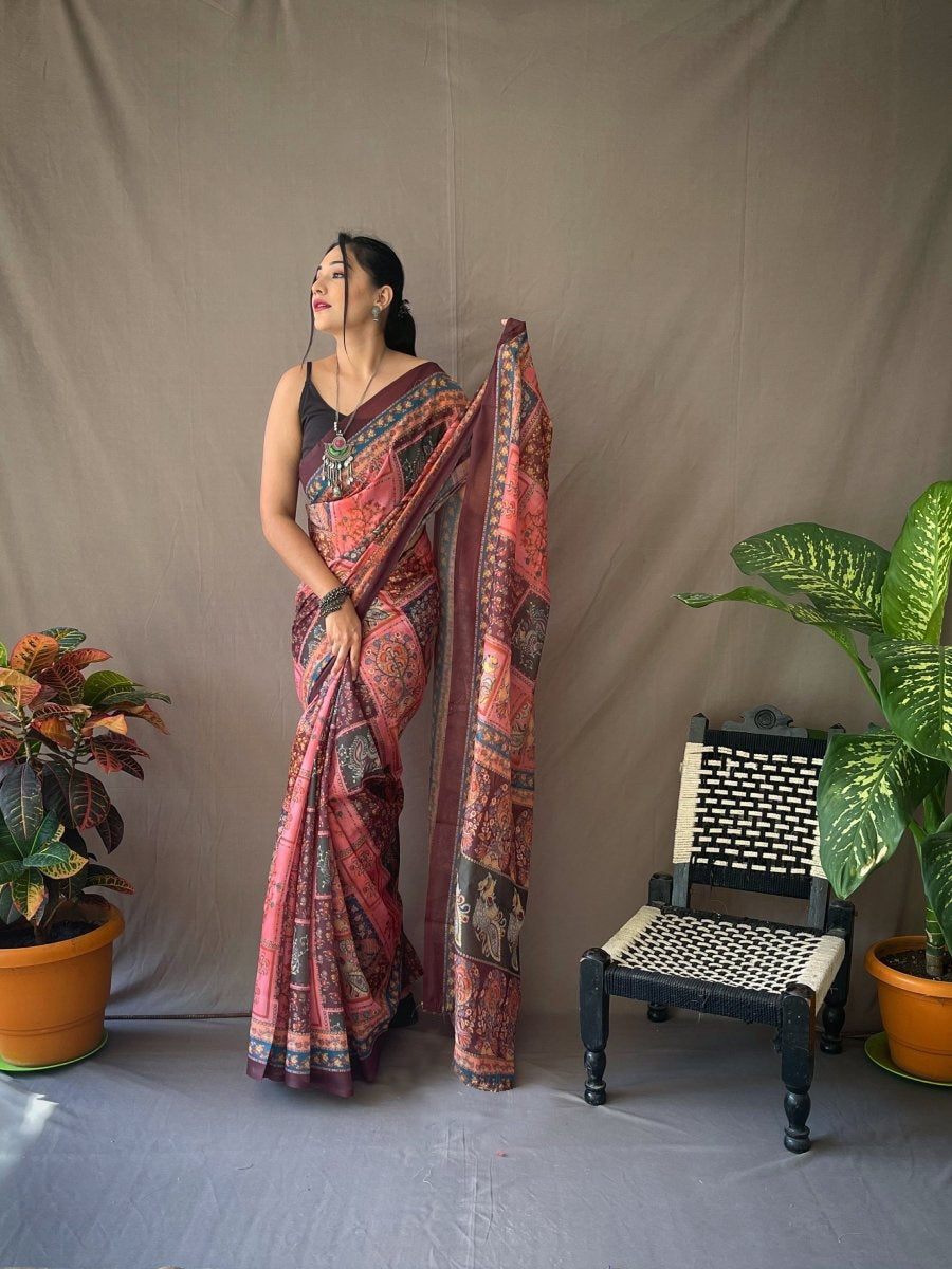 Gorgeous Maroon Color Color Pure Cotton Lilen With Digital Printed Designer Saree