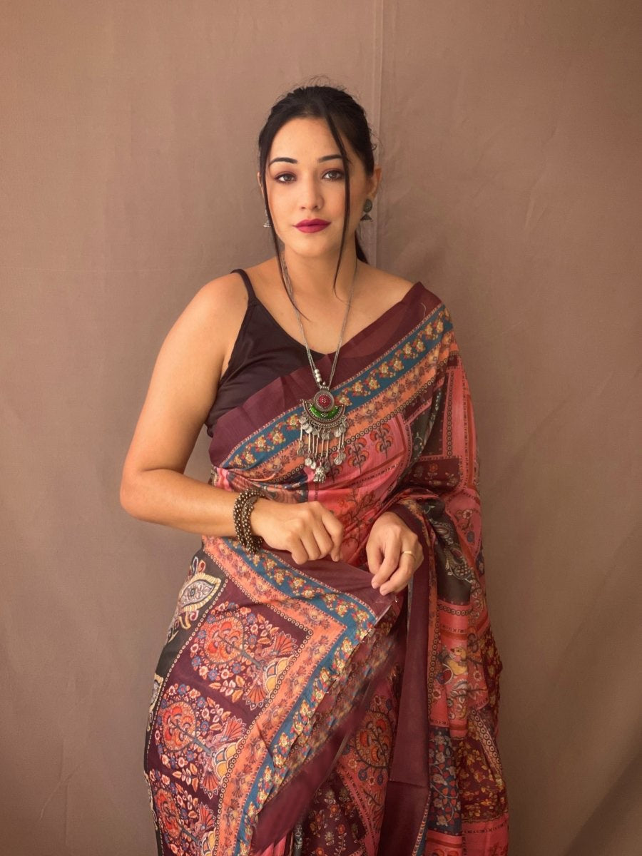 Gorgeous Maroon Color Color Pure Cotton Lilen With Digital Printed Designer Saree