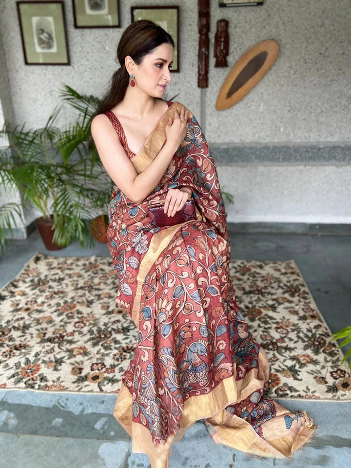 Fantastic Maroon Color Color Pure Cotton Lilen With Digital Printed Designer Saree