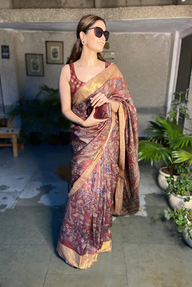 Fantastic Maroon Color Color Pure Cotton Lilen With Digital Printed Designer Saree