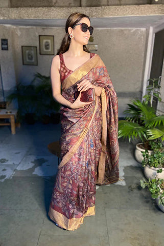 Fantastic Maroon Color Color Pure Cotton Lilen With Digital Printed Designer Saree