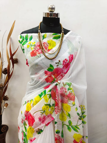 Opulent White Color Color Pure Cotton Lilen With Digital Printed Designer Saree