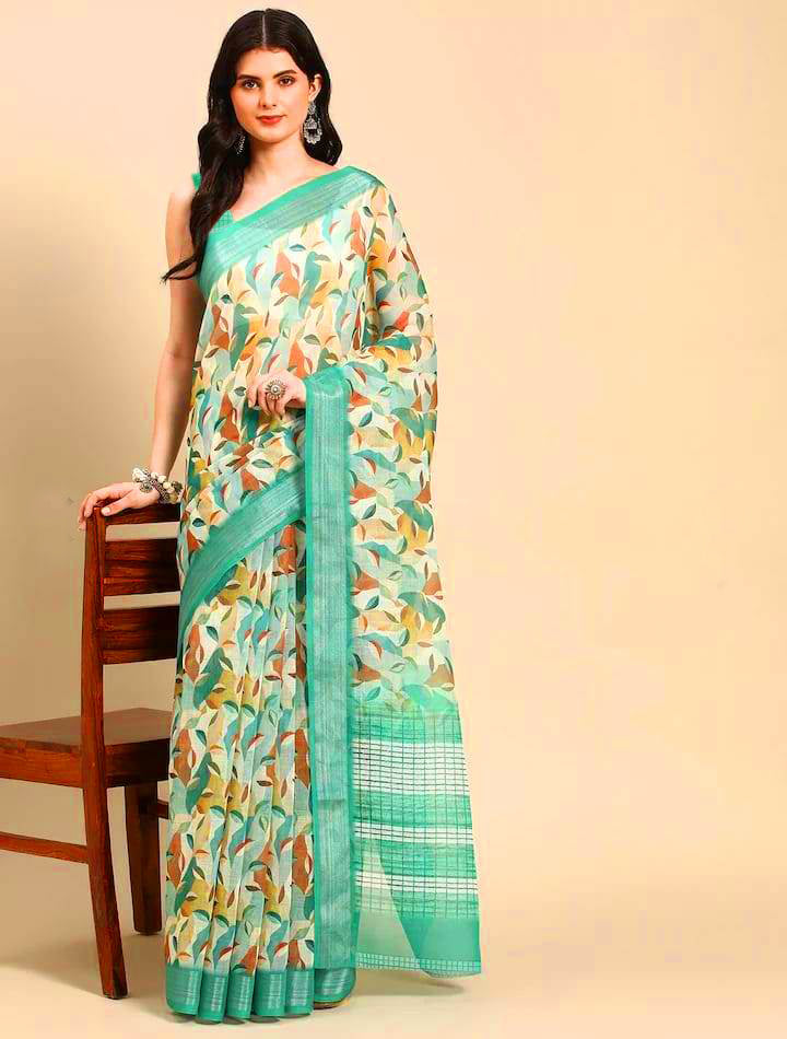 Imposing Green Color Color Pure Cotton Lilen With Digital Printed Designer Saree